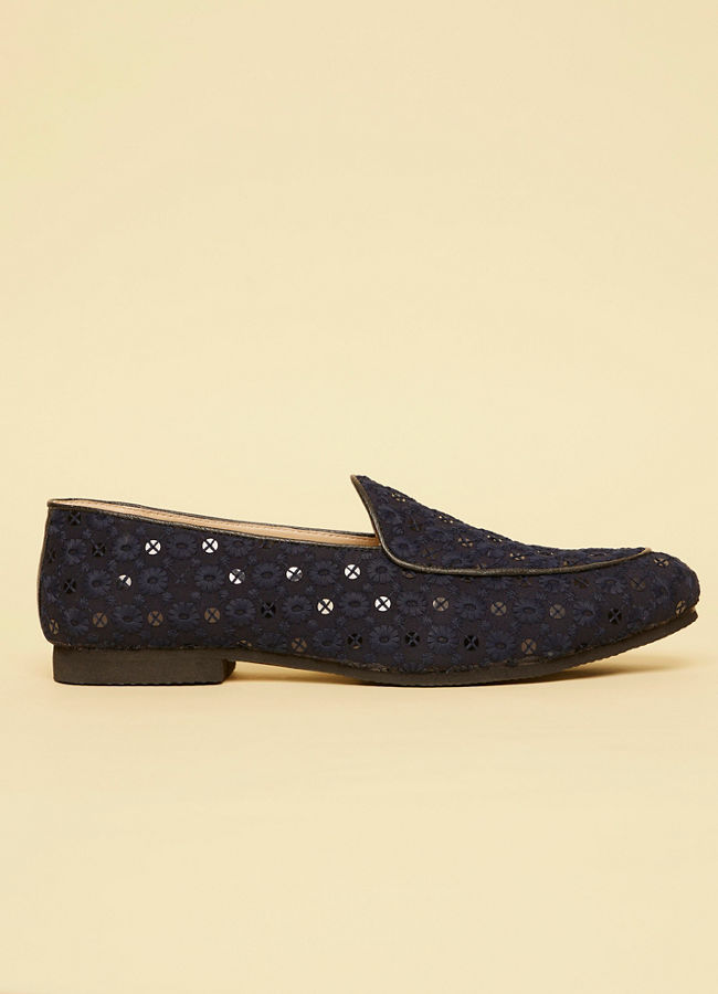 Navy Blue Floral Patterned Sequined Loafers image number 3